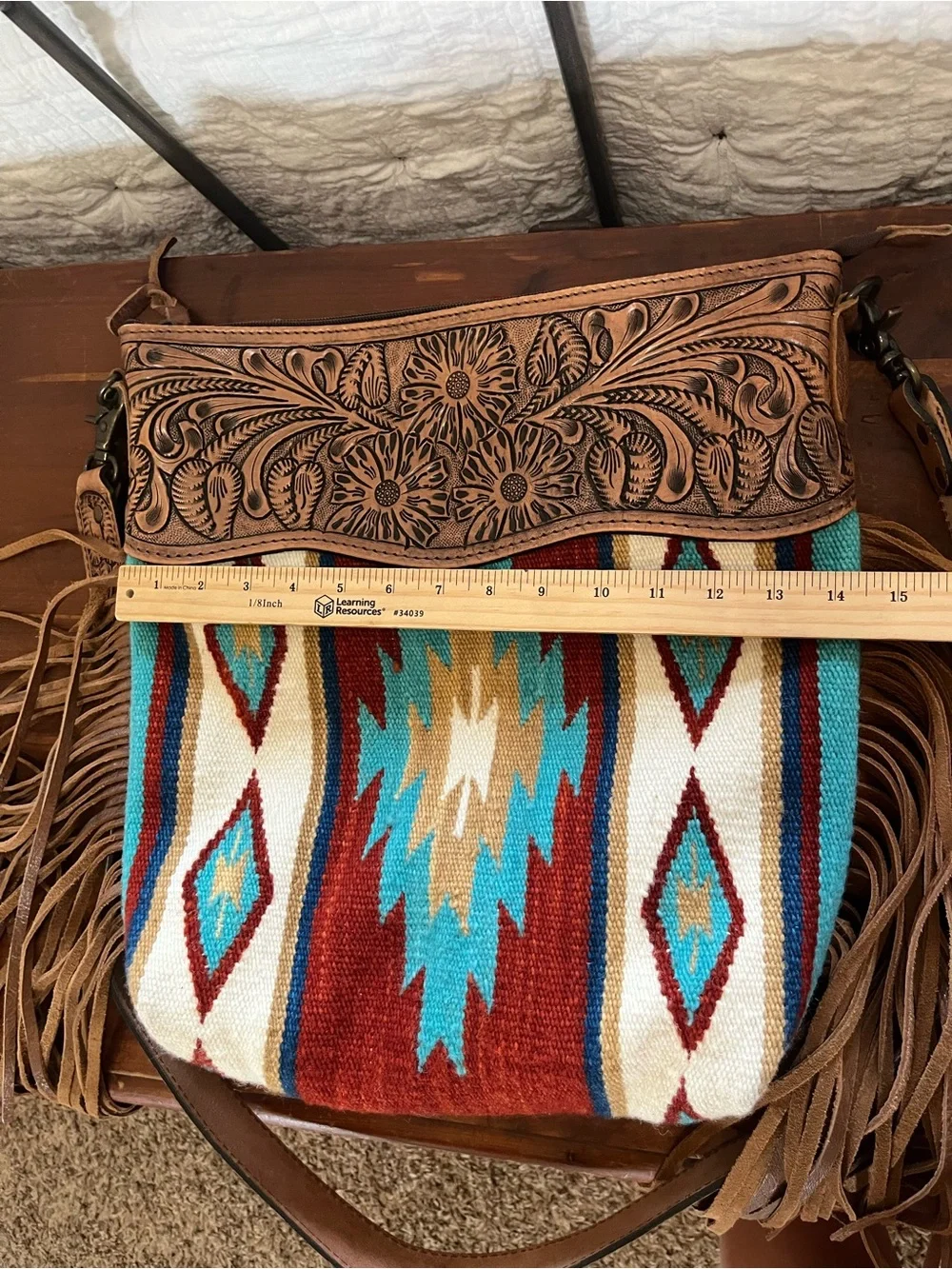 American Darling Southwestern Saddle Blanket Leather Fringe Crossbody Bag